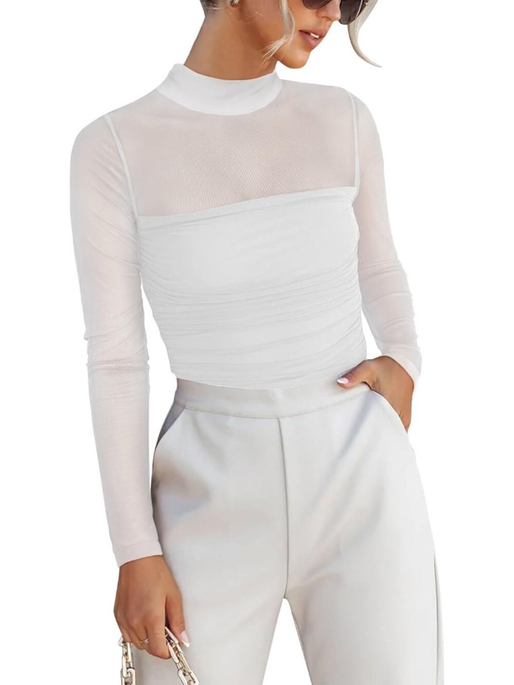 Women's White Mock Neck Pullover Sheer Slim Fit Rushed Mesh Long Sleeve Top